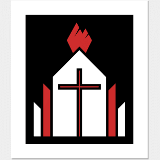 The cross of the Lord Jesus Christ on the background of the building, from above the flame of the Holy Spirit. Posters and Art